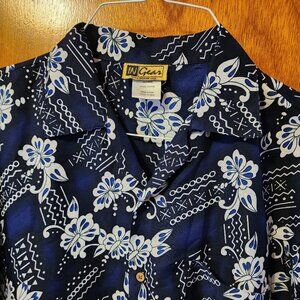 Men's Large In Gear Blue White Floral Hawaiian Short Sleeve Button Down Shirt
